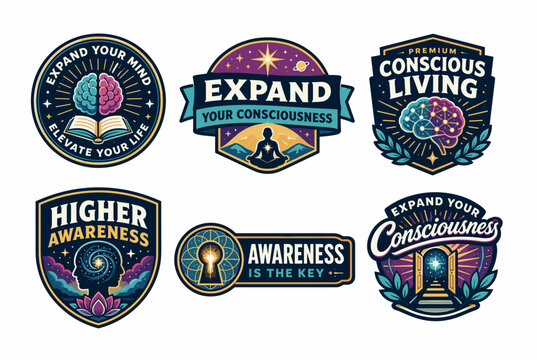 Collection of badges and emblems representing concepts of consciousness expansion. Mental growth. Self-improvement. Spiritual well-being. Higher awareness