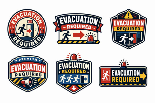 Evacuation required emergency signs collection, displaying various badges and emblems with exit symbols, running people, warning lights, megaphones, and arrows indicating a safe path