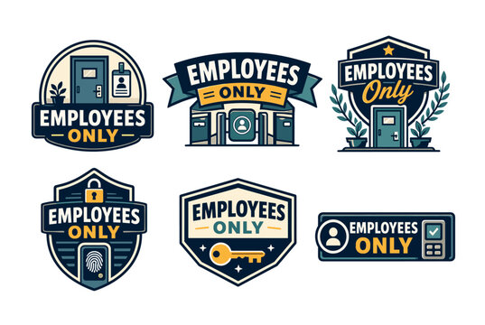 Employees only restricted area sign concepts set, showing various entry points, secure access with doors, badges, keys, padlocks, fingerprints, and user icons