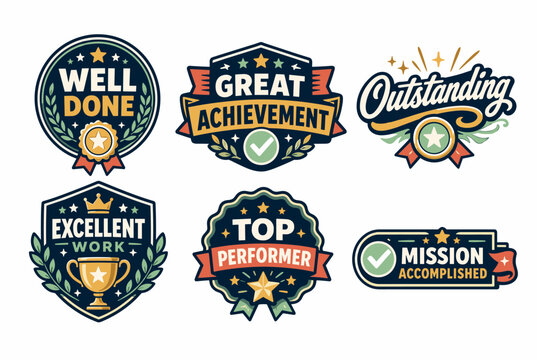 Set of vintage inspired achievement badges and reward labels for excellent work, great accomplishment, top performance, and mission completed, celebrating success and recognition