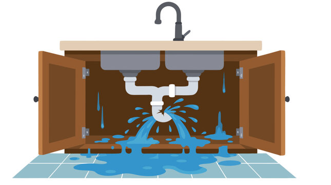 Broken kitchen sink pipe spraying water onto cabinets and tiled floor, bold flat colors, vector illustration of plumbing emergency, household disaster scene