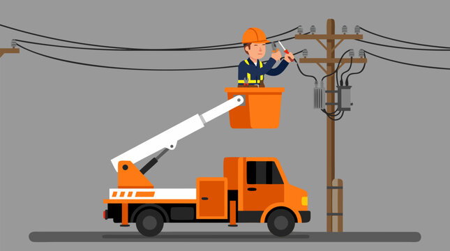 Electrician in safety gear standing in elevated bucket truck repairing overhead power lines on wooden utility pole against gray sky, vector illustration