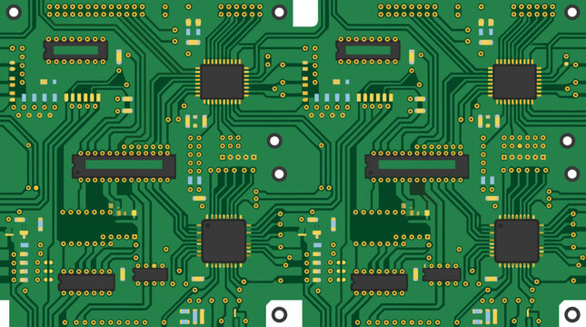 Seamless tileable vector illustration of a generic green printed circuit board with golden traces, solder pads, microchip sockets and chip slots in flat design for technology backgrounds
