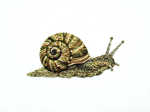Garden snail with spiral shell and extended body moving slowly across