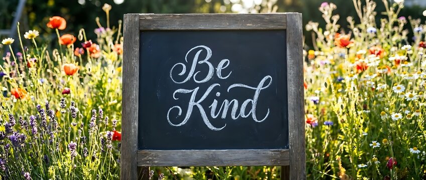 Be Kind written on chalkboard sign surrounded by blooming wildflowers