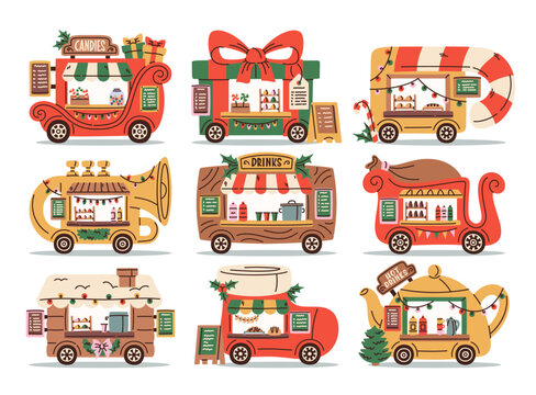 Food Truck Christmas Market Set Cartoon
