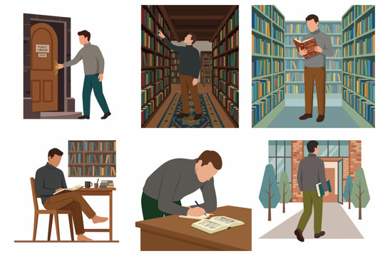 Set of flat vector illustrations of a man reading, studying, and visiting a public library for education and research purposes