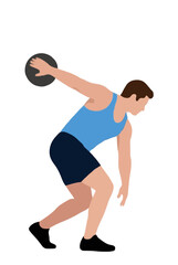 Fototapeta premium Flat vector illustration of a male athlete in blue tank top and navy shorts spinning and throwing a discus, dynamic track and field action graphic icon, isolated on white background