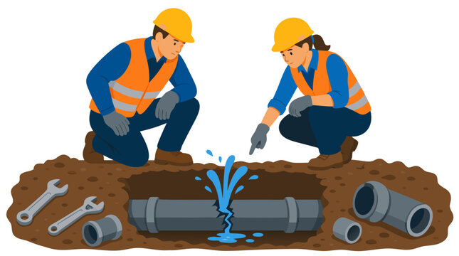 Professional plumbers or engineers in safety gear inspecting a leaking underground pipe in a trench, water spraying from a crack, maintenance and repair work vector illustration on white.