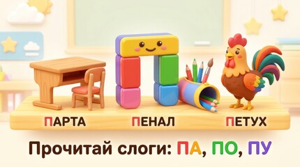 Fototapeta premium Colorful illustration for 1st grade Russian textbook featuring desk, blocks, rooster, and pencil case