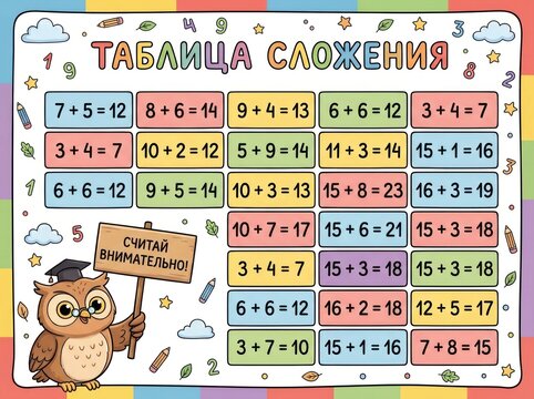 Colorful illustration of addition table for 2nd grade mathematics with owl character and educational elements