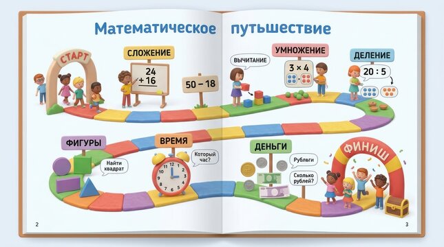 Colorful illustrated mathematics textbook page for 2nd grade featuring addition, subtraction, multiplication, and division