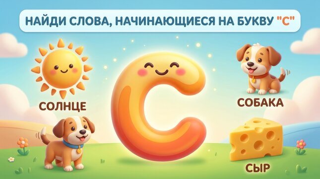 Colorful illustration for children featuring letter C with sun, dog, and cheese in playful design