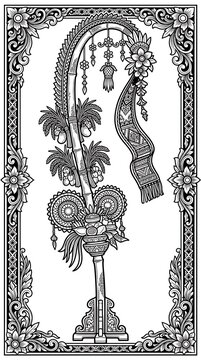 ​A black and white vector illustration of a traditional Balinese penjor. The penjor is made of a decorated bamboo pole.