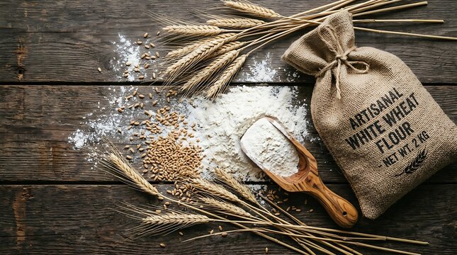 Burlap sack of wheat flour with grains and ears on wooden table