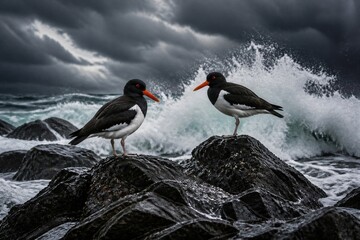Fototapeta premium Oystercatchers standing on wet rocks amid rough sea