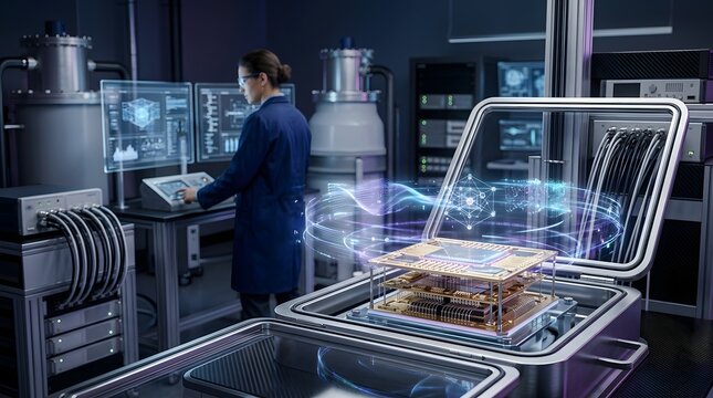 Scientist in a lab coat operating a quantum computer with a glowing processor chip inside a cryogenic cooling chamber, digital interface screens