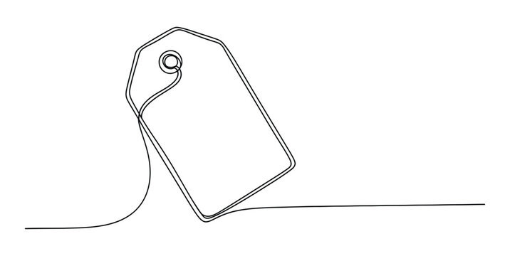 A simple black and white line drawing of a blank rectangular price tag with a string