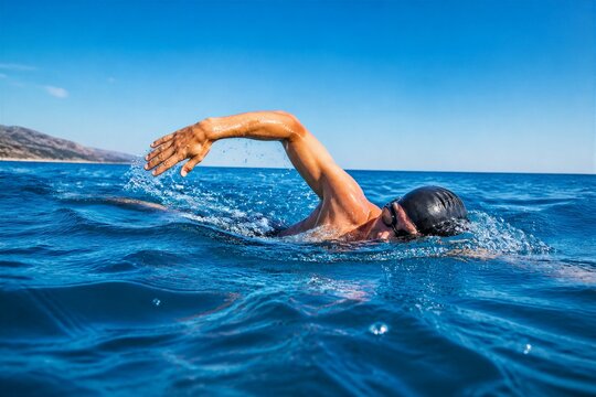 Open water swimmer performing freestyle stroke in ocean