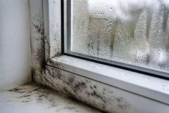Mold growth around window sill with condensation on glass