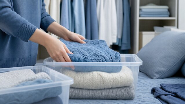 Hands Carefully Folding Winter Sweaters into Plastic Storage Boxes for Spring Cleaning and Wardrobe Transition