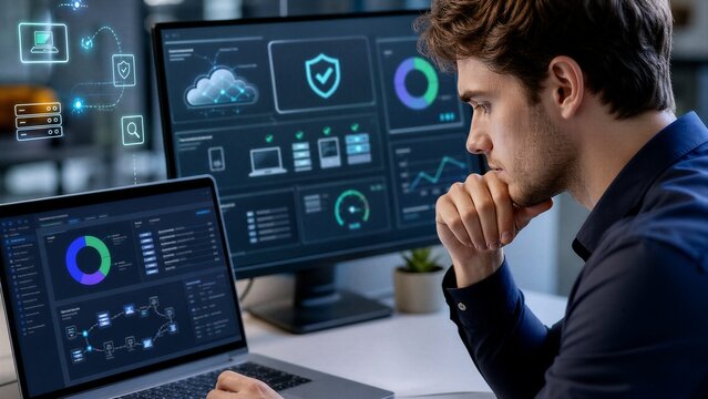 Young IT Manager Reviews Digital Asset Inventory on Laptop for System Security and Compliance