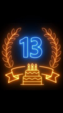 13th Anniversary Celebration. neon 13 Years Anniversary Animation in laurel wreath Color on the Transparent Background, Alpha Channel. Great for greetings, celebrations, events, and gifts birthday 4k.