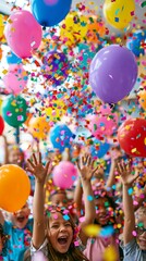 Naklejka premium Joyful children celebrating with colorful balloons and confetti, hands raised in excitement, vibrant party atmosphere, bright cheerful colors.