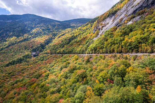 Autumn view of Mount Willard and the train trestle in the Crawford Notch State Park - New Hampshire