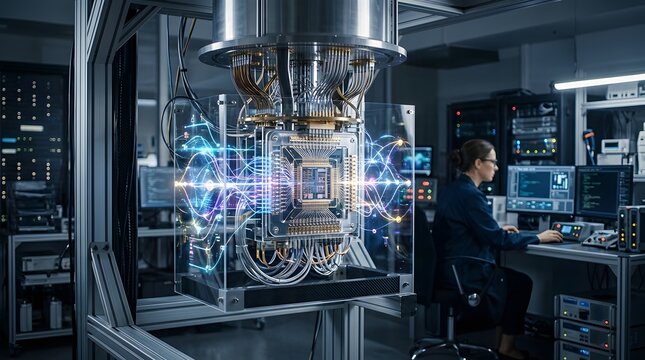 Quantum computer processor unit with glowing light data streams inside a glass casing, monitored by a scientist in a dark laboratory