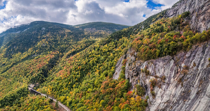 Autumn view of Mount Willard and the train trestle in the Crawford Notch State Park - New Hampshire