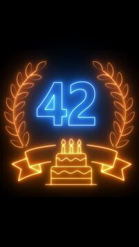 42th Anniversary Celebration. neon 42 Years Anniversary Animation in laurel wreath Color on the Transparent Background, Alpha Channel. Great for greetings, celebrations, events, and gifts birthday 4k.