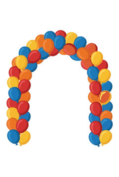 Colorful balloon arch frame vector illustration, hand-traced festive decoration with red, yellow, orange, and blue balloons arranged in a curved arch shape, isolated on white background for party