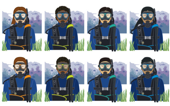 diversity, race, ethnicity of scuba diving diver vector icons, male and female, wearing diving suit and mask with breathing equipment, isolated on a white background