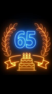 65th Anniversary Celebration. neon 65 Years Anniversary Animation in laurel wreath Color on the Transparent Background, Alpha Channel. Great for greetings, celebrations, events, and gifts birthday 4k.