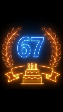 67th Anniversary Celebration. neon 67 Years Anniversary Animation in laurel wreath Color on the Transparent Background, Alpha Channel. Great for greetings, celebrations, events, and gifts birthday 4k.