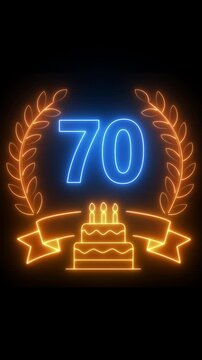 70th Anniversary Celebration. neon 70 Years Anniversary Animation in laurel wreath Color on the Transparent Background, Alpha Channel. Great for greetings, celebrations, events, and gifts birthday 4k.