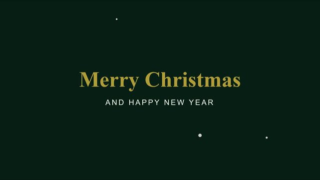 Merry christmas and happy new year gold text greeting with falling snow on dark green animation 4k background