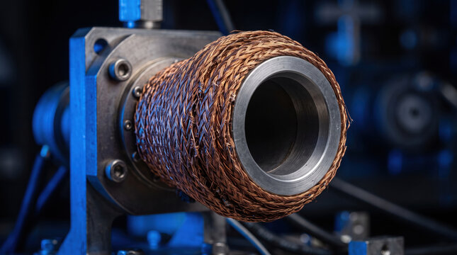 A close-up view of a braided copper wire coil mounted on a metallic industrial base in blue light.