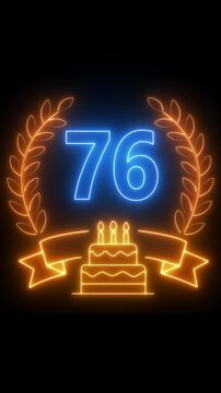 76th Anniversary Celebration. neon 76 Years Anniversary Animation in laurel wreath Color on the Transparent Background, Alpha Channel. Great for greetings, celebrations, events, and gifts birthday 4k.