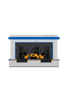 Hand-traced vector icon illustration of a loading dock warehouse with three parked forklifts lined up inside the open bay entrance, industrial logistics scene in flat design style