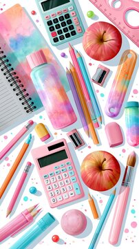 Colorful school supplies including pencils, calculators, apples, notebooks, and water bottles arranged on a bright white background with playful splatters.