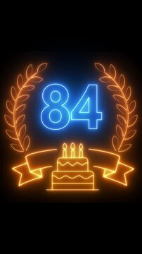 84th Anniversary Celebration. neon 84 Years Anniversary Animation in laurel wreath Color on the Transparent Background, Alpha Channel. Great for greetings, celebrations, events, and gifts birthday 4k.