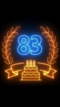 83th Anniversary Celebration. neon 83 Years Anniversary Animation in laurel wreath Color on the Transparent Background, Alpha Channel. Great for greetings, celebrations, events, and gifts birthday 4k.