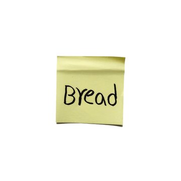 Yellow sticky note with handwritten bread word isolated on white background