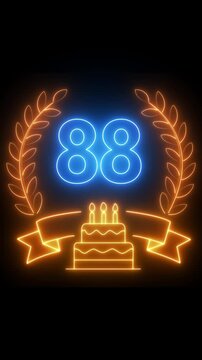 88th Anniversary Celebration. neon 88 Years Anniversary Animation in laurel wreath Color on the Transparent Background, Alpha Channel. Great for greetings, celebrations, events, and gifts birthday 4k.