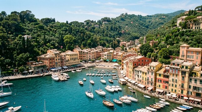 Aerial view of Portofino harbor on Italian Riviera with pastel-colored buildings clustered along a turquoise marina filled with yachts and boats in summer