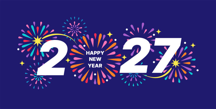 Celebrating 2027 New Year. Greeting card for happy event with abstract bright colorful fireworks on blue background. Design for poster, flyer,web,cover,calendar,web, print, banner. Vector illustration