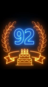 92th Anniversary Celebration. neon 92 Years Anniversary Animation in laurel wreath Color on the Transparent Background, Alpha Channel. Great for greetings, celebrations, events, and gifts birthday 4k.