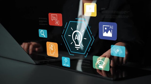 Creative professional using laptop with artificial intelligence icons and colorful graphics representing data analysis and innovative technology in modern workspace Gluon.